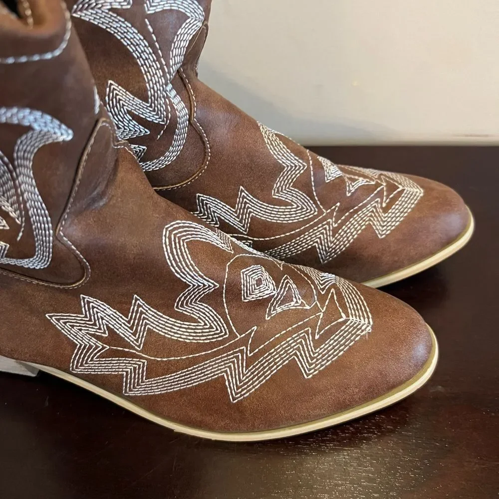 Retro Women Embroidery Square Heels Slip-On Short Booties Pointed Toe